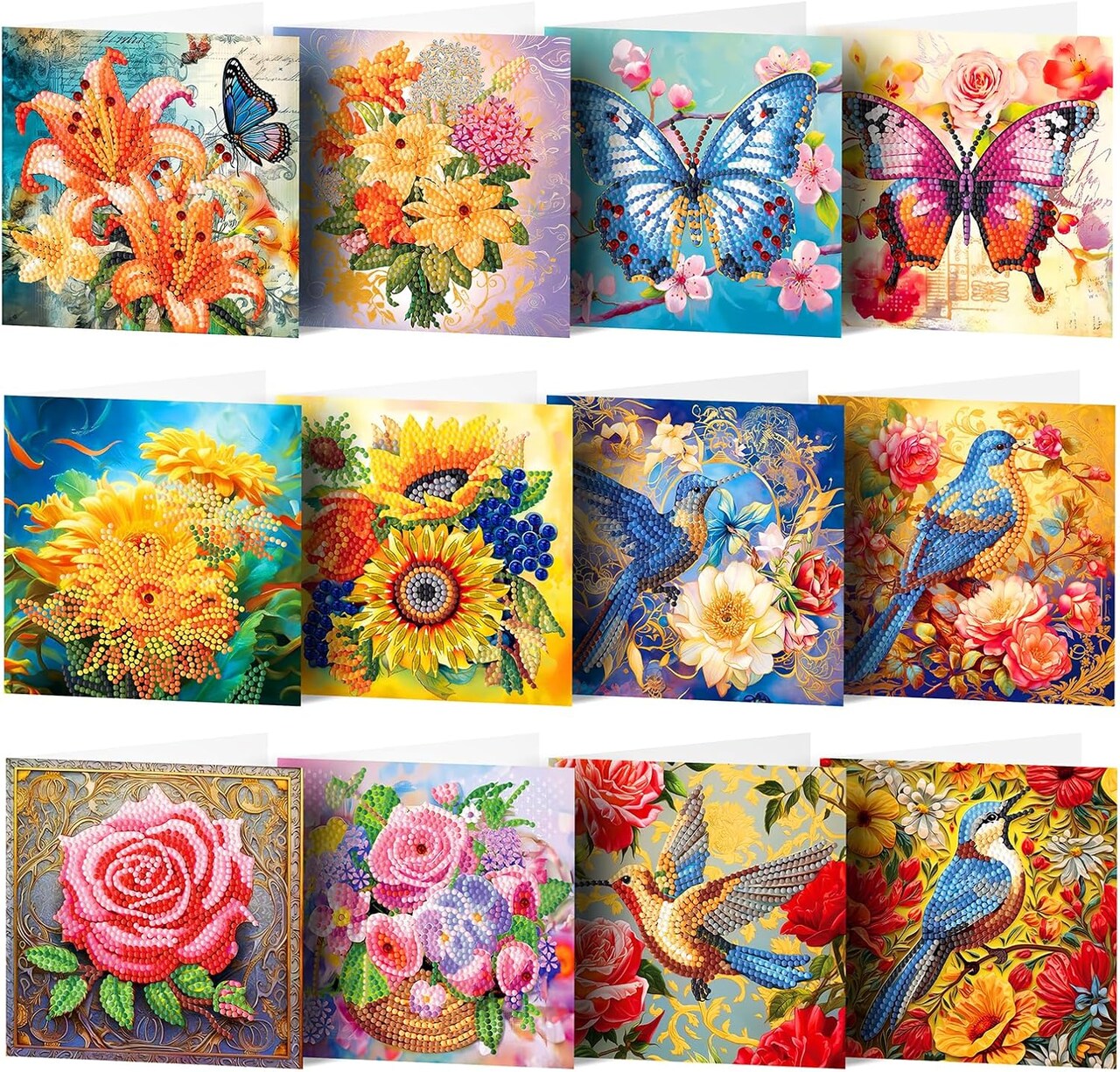 12-Pack Flower & Butterfly Diamond Painting Greeting Cards – DIY Bird & Thank You Diamond Art Cards with Envelopes, Rhinestones & Tools for Beginners, Adults, Birthday & Holiday Blessings